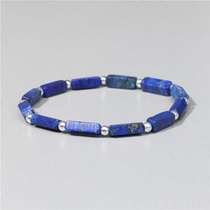 Charm Bracelets Fashion Square Tube Stone Beads Bracelet Natural lapis lazuli Beaded Silver Color Round Ball Charm Bracelet Jewelry Women Men AA230403