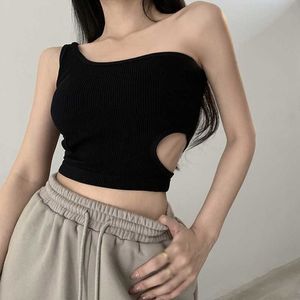 Kvinnors tankar Camis One Shoulder Padded Camisoles for Women Solid Color Base Shirt ärmlös Tank Top Hollow Out Pullover Crop Top P230322