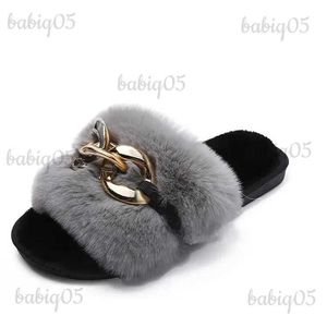 Fluffy Fur 2023 Nowy zimowy dom ciepłego futrzanego łańcucha kapcie Kobiety Flip Flip Flops Home Slajdes Płaskie buty do podłogi wewnętrznej T231104