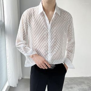 Mäns casual skjortor herrskjorta sommar för män vår och höst vit transparent ihålig original