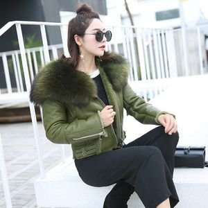 Damen Leder Faux Damen Winter Echter Schafspelz Mantel Warme Mode Echte Merino Schaffell Jacke Natürlicher Großer Waschbärkragen