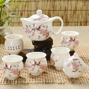 Teaware Sets Jingdezhen 7Pcs Tea Set Blue And White Porcelain Double Wall Cup Creative Flower Dragon Moutain Teapot