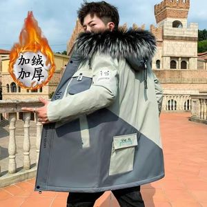 Men's Jackets Winter Plush Hooded Jacket Fur Collar Thicken Warm Vlevet Lining Windbreaker Streetwear Coat Parka Mid-Long Clothings