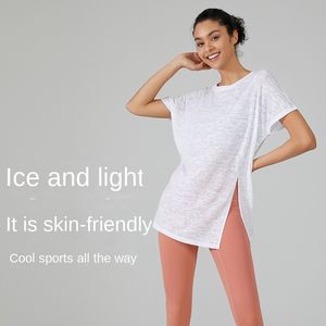 Lu loose fitting sports top, lightweight yoga suit, breathable running, slimming short sleeved T-shirt, fitness suit, gym, sexy nude color, elastic fitness, outdoor sports