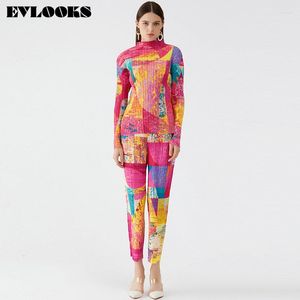 Women's Two Piece Pants EVLOOKS Miyak Printed Pleated Wide Leg Big Size T-shirt Suit Stand Collar Long Sleeve Spring Summer 2023