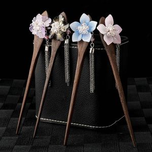 Haarklammern Barrettes Vintage chinesische Stil Holzstock handgefertigte Blume Quasten Kopfstück Ethnische Haarnadel Frauen Haarnadel Schmuckstecker