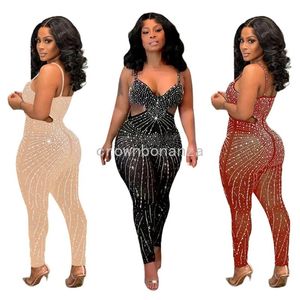 Designer Rhinestone Diamonds Jumpsuits Women Spaghetti Straps Rompers Sexy Mesh Sheer See Through Jumpsuits Party Night Club Wear Wholesale Clothes