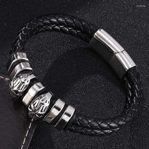 Charme pulseiras punk duplo trançado pulseira de couro homem jóias crânio de aço inoxidável masculino fecho magnético vintage pulseira fr0366