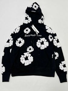 Falection Mens Readymade Denim Flower Puff Printed Distressed Hoodie Sweatshirt Men Pullover