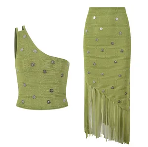 CH04 Summer Boho Clothing Bohemian Vintage Tassel Patchwork Green Knit Hög midja Lång kjol Kvinnor Elegant mantel kjol