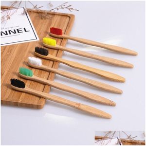 Escovas de dentes descartáveis Escova de dentes descartável El Natural Bamboo Handle Rainbow Cerdas macias 10 cores Limpeza Suprimentos Cepillo De Di Dhmrl