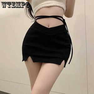 Etekler wtempo kadınlar için siyah etek yaz moda harajuku seksi etekler kızın şık ince dantel up mini etek bölünmüş y2k kısa etek p230403