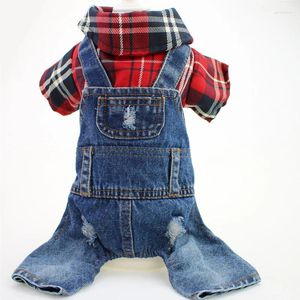 Cão vestuário jeans macacão para cães pequenos médios vermelho azul camisa xadrez design macacão jeans beagle terrier roupas