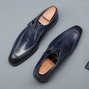 Dress Shoes Double Monk Strap Oxford Shoe Men Handmade Genuine Leather Buckle Men's Blue Formal Wedding Office For Footwear