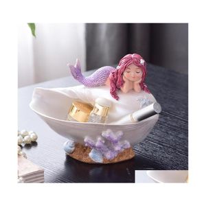 Novelty Items Shell Mermaid Storage Box Ornaments Blue/Purple Resin Arts And Crafts Figurines Fish Miniatures Home Decoration Access Dhjlx