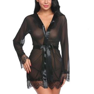 Sexy traje erótico longo sheer camisola de renda fio com tiras lingerie sexy plus size roupas mama expondo transparente tule mini saia