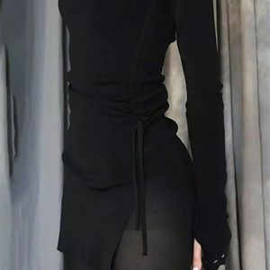 Sıradan elbiseler Goth Dark Alışveriş Merkezi Gotik Drawstring Bodycon Kadınlar Mini Y2K Punk Siyah Bölünmüş Seksi Uzun Kollu Elbise Grunge Temel Parti Giyim 230403