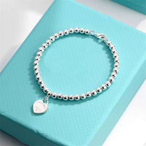 Armreif Tiffism-Armband T Präzisions-Armband aus reinem Silber, glattes Gesicht, Liebe, Pfirsich, Herz, runde Perlen, Silberperlen, Armband für beste Freundin, Damen-Armband aus Roségold, schlichte Mode