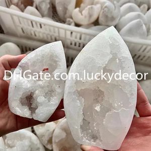 Sparkling White Marockan Druzy Geode Staty Decor Polished Natural Clear Quartz Rock Crystal Cluster Drusy Agate Reiki Healing Collection Stone Display Exempel