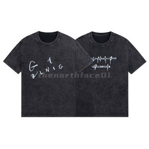 メンズTシャツ洗浄古い手紙印刷短袖丸いネックルースTシャツハイストリート通気性トップブラック