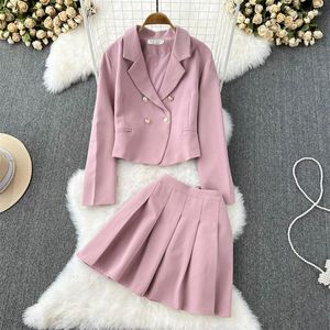 Two Piece Dress Blazer And Pleated Skirt Set 2023 Woman Pink Fashion Suits Temperament Double Breasted Jacket Two-Piece High Waist T596