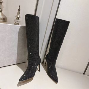 Women Knee-High Leather Boots With Wide Calf Fashion Pointed boots Black Female Sexy Long Boots Winter Women's Shoes with diamond size 35-41