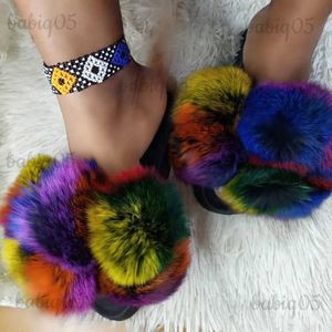 Fluffy Raccoon Slippers Women Fox Flip Flop Flat Furry Fur Slides Outdoor Sandals Woman Amazing Shoes Drop Ship T231104