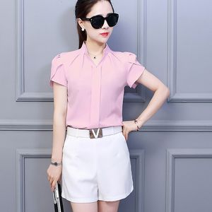 Женские блузкие рубашки женская рубашка летняя розовая короткая рукава лотосная рубашка мода повседневная шифоновая рубашка женская топ плюс S-2XL J3125 230404
