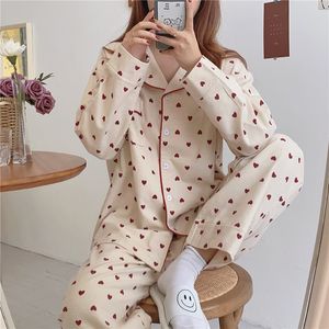 Women s Sleepwear Heart Print Home Suit Loose Cotton Casual Korean Pajamas Set Trousers Harajuku Clothes Kawaii Single Breasted Top 230404