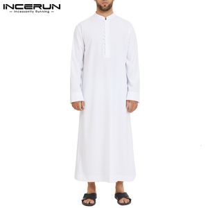 Ubranie etniczne muzułmańscy mężczyźni jubba thobe długie rękawy stały kolor oddychający szaty 2023 stojak islamski arabski kaftan abaya s 5xl inderun 230403