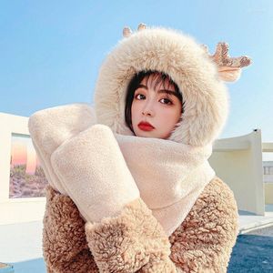 Berretti Beanie/Skull Caps Inverno Donna Carino Addensare Antlers Cappello Sciarpa Guanti Set Novità Caldo Casual Cappelli di peluche Solid Fleece Girl Kawaii