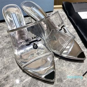 Designer Kvinnor Sandaler tryckte klackar Luxury Milano Slides Chunky High Heel 7,5 cm Silver Metallic Leather Slippers 35-42