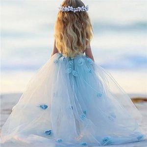 Girl Dresses Flower Dress Blue Applique Sleeveless Kids Birthday Princess Sweetheart Ankle Length A-line Wedding Lace Beach Communion