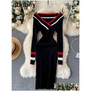 Basic Casual Dresses Spring Colorblock Elegant Pencil Dress Women Simple Elastic Knitted Sheath Bodycon Slash Neck Office Vestido Dhj4A