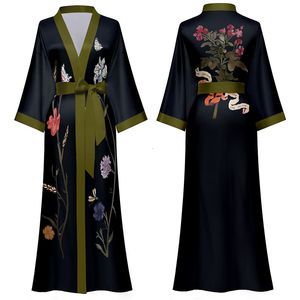 Kadınların pijama siyah baskı çiçek uzun robe gecelik ilkbahar yaz yarım kollu kimono bombeli elbisesi kadınlar seksi rayon ev elbise salonu geyli 230404