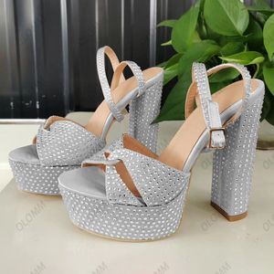 Olomm Handmade Women Platform Sandals Crystal Faux Suede Block Heels OpenToe Pretty Grey Nude Party Shoes Size 35 47 52