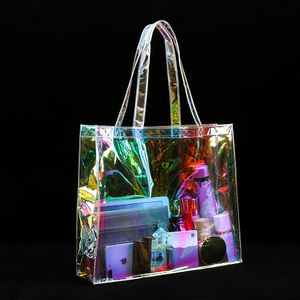 Shoppingväskor Clear Hologram Shopping Bag Iridescent Premium Glitter Shopper 230404