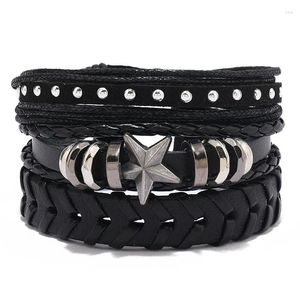 Bangle Vintage Gothic Punk Star Metal Multilayer Black Leather Bracelet Fashion Men's Bracelets Length Adjustable Wristband Jewelry