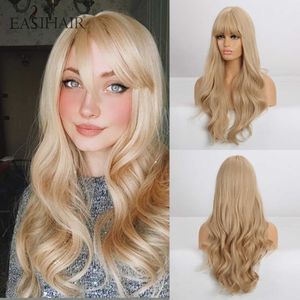 Синтетические парики Easihair Long Blonde Wavy Синтетические парики с челкой натуральные волны для женщин косплей ежедневно теплостой устойчивый 230227