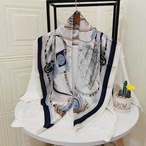 Sarongs New European and American silk scarf female sailing blue square scarf decorative sunscreen scarf function silk thin scarf P230403