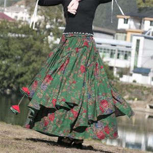 Skirts Autumn Winter Floral Skirt 2023 Women's Retro Printed Cotton Linen Elastic Waist Dark Green Faldas Largas Mujer T1084