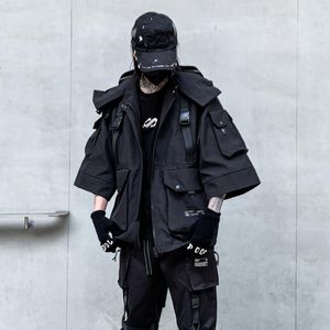 Erkek Ceketler Erkek Moda Teknik Giyim Ceket Hi Street Street Darkwear Hip Hop Coat Street Giyim Kapşonlu Taktik Dış Giyim Üstleri Yarım Kollu