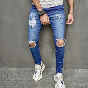 2023 Nya streetwear Men's Blue Ripped Skinny Jeans Fashion Slim Elastic Hole Raw Edge Hip-Hop Rock Male Youth Denim Trousers