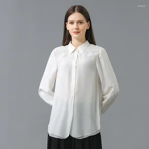 Kvinnors blusar Silk Jacquard White Polo Collar Long Sleeve Simple Women Shirt Single Breasted Office Ladies High Quality Womens Tops Be699