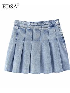 Skirts EDSA Women's Fashion Blue denim Box Pleated miniskirt Summer High Waist Fade Effect Seamless Hem Side Zipper with Metal Buttons 230404
