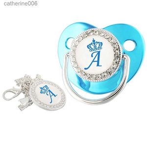 Pacifiers# Metallic Blue Crown 26 Name Initial Letters Baby Pacifier Chain Clip Silicone Dummy Nipple Newborn Pacifier For Baby Shower GiftL231104