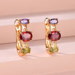 Hoop Earrings Oval Olive Green Purple Red Stone U Shaped For Women Gold Color Multi Zircon Vintage Wedding Small Ear Buckle Gift