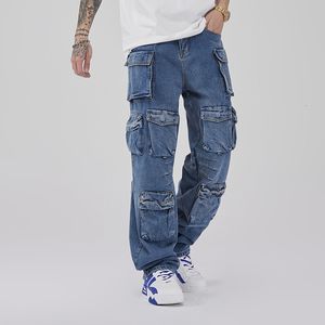 Mens jeans last män mode stora fickor casual byxor hip hop rak baggy wide ben denim byxor man retro streetwear 230404