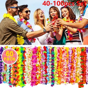 Ghirlande di fiori decorativi 40-100 pezzi Corona hawaiana Decorazione per feste Ghirlanda Collana artificiale Hawaii Spring Beach Leis Bracciale 230404