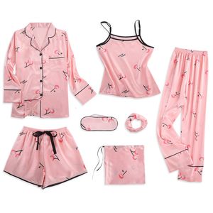 Kobiety S Pasek do snu piżamę 7 sztuk różowe zestawy piżamów satynowe jedwabna bielizna z zestawu odzieży domowej Pijamas dla kobiety 230404
